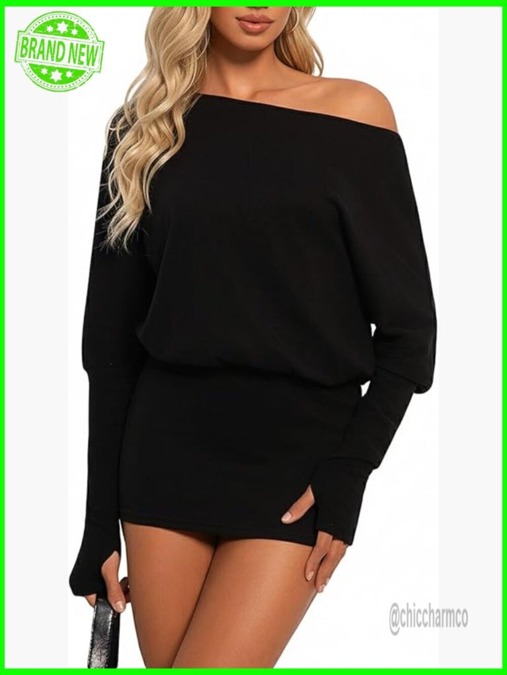 Off Shoulder Batwing Long Sleeve Bodycon Mini Dress Y2k Party Going Out